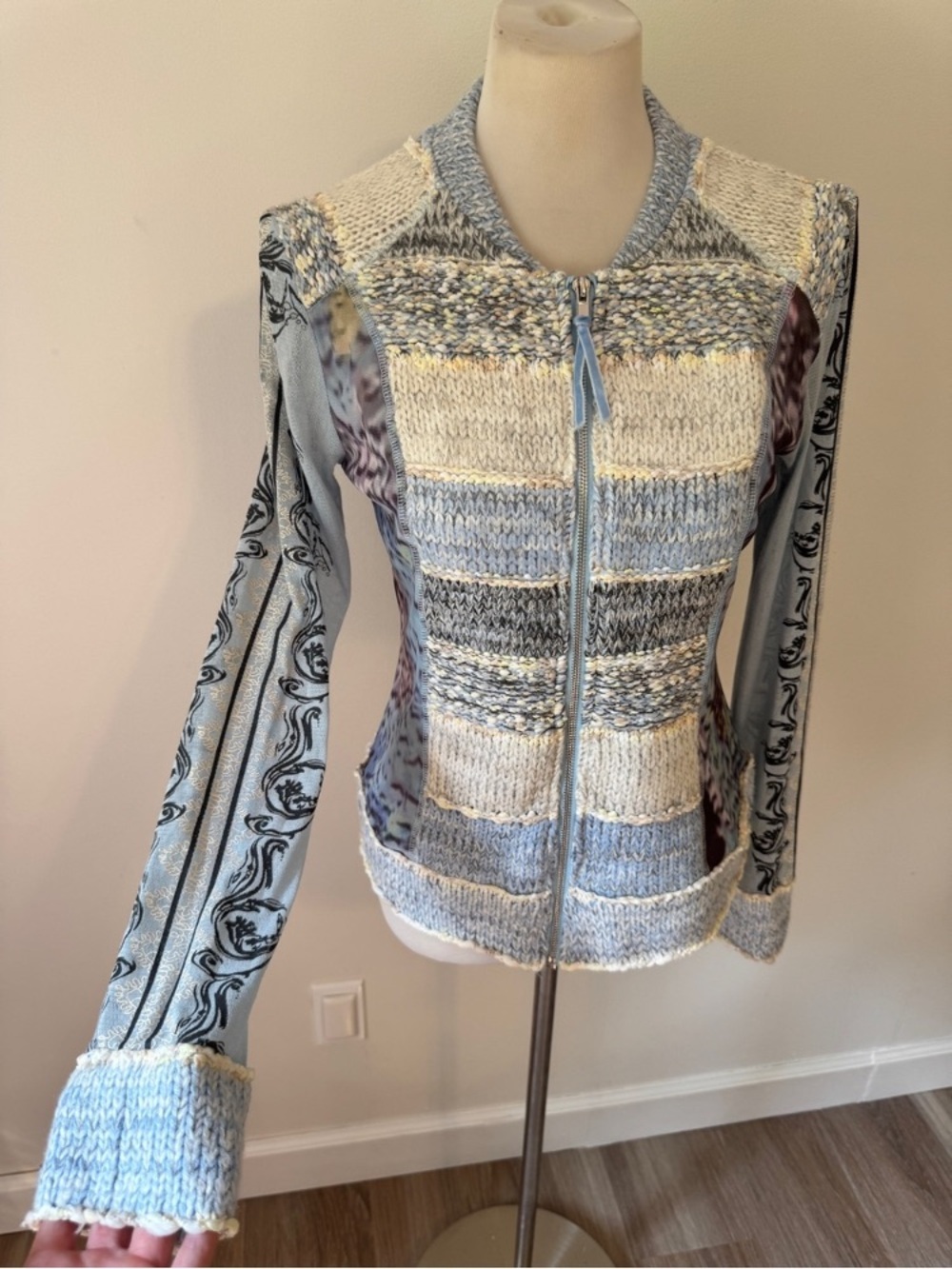 Light Blue Mixed-Knit Zip Front Women’s Jacket
